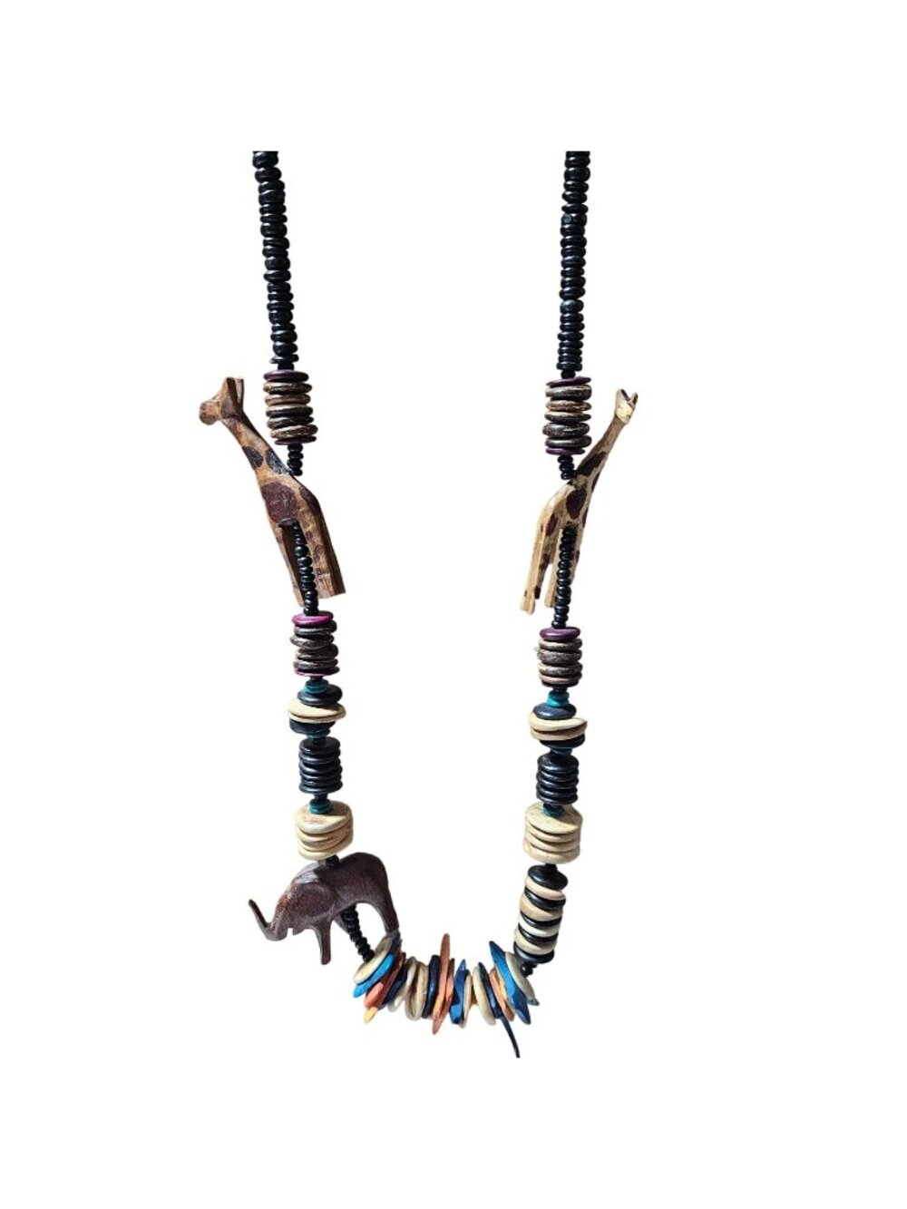 African Safari Wood Animal Necklace Hand Carved Giraffe Elephant Disc Beads